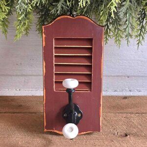 Primitive Red Distressed Wood Window Shutter Coat or Towel Hook Farmhouse Decor
